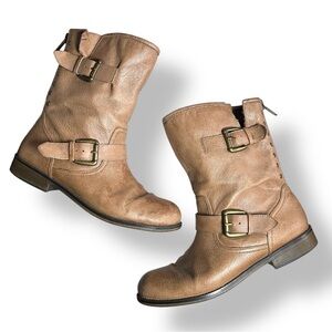 STEVE MADDEN Temmpt Distressed Brown Leather Mid Calf Studded Flat Boots 9
